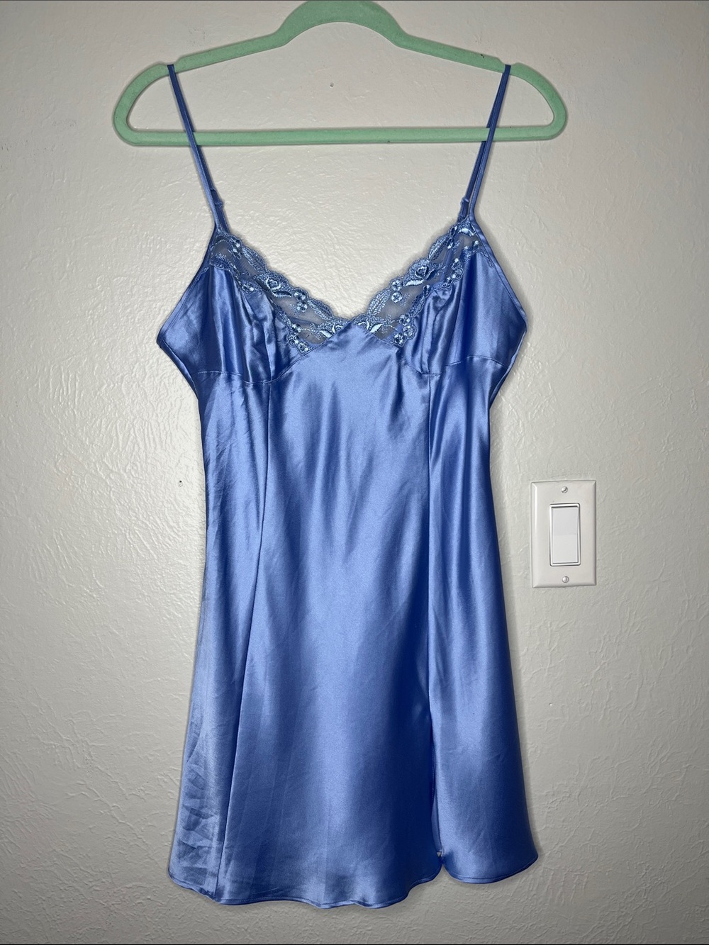 Vintage Y2K Victoria’s Secret Blue Satin Slip Dress - Size M Lace Trim Side Slit